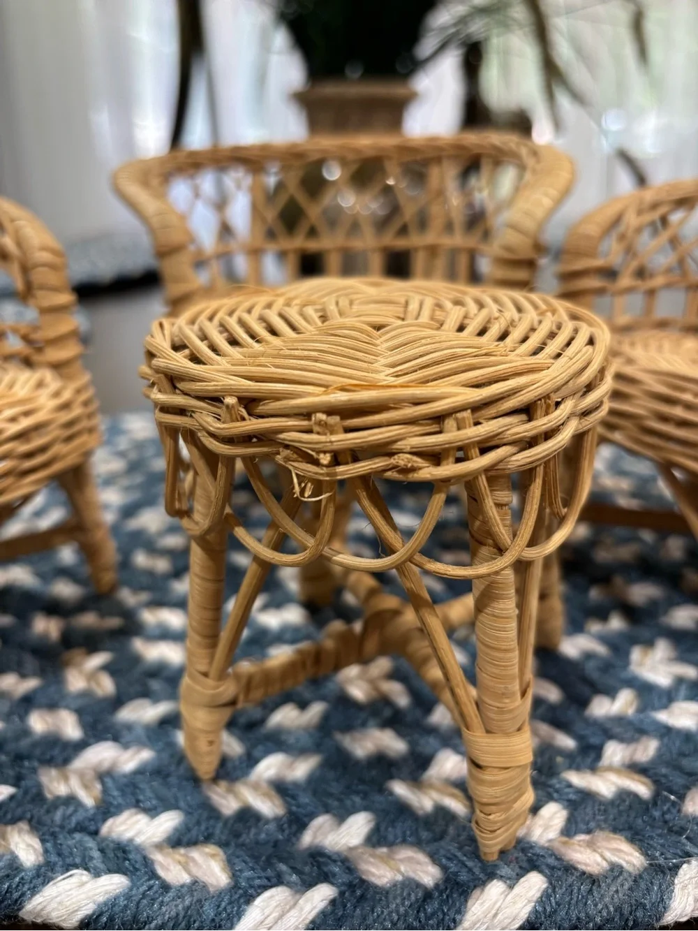 Vintage 70's  80's Natural Wicker Doll House Chair and Table Set